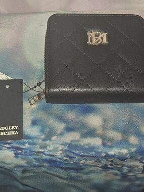 Badgley Mischka Black Quilted Zip Wallet with Gold Emblem
